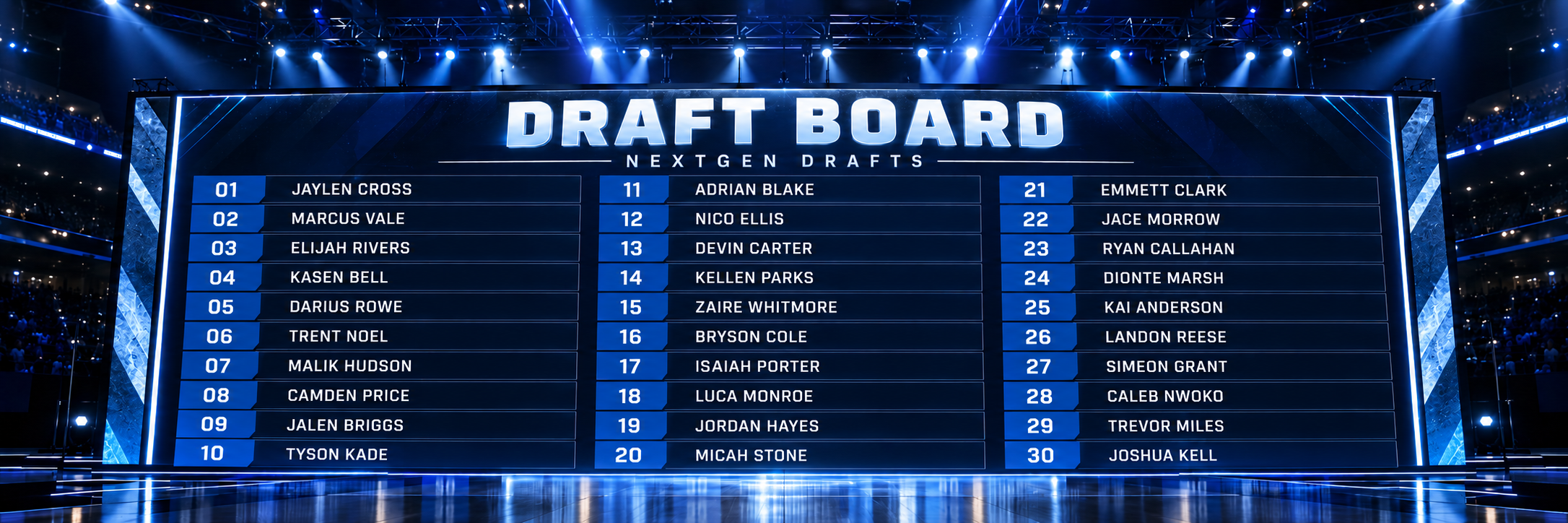 Illustrative basketball draft board with 30 fictional picks